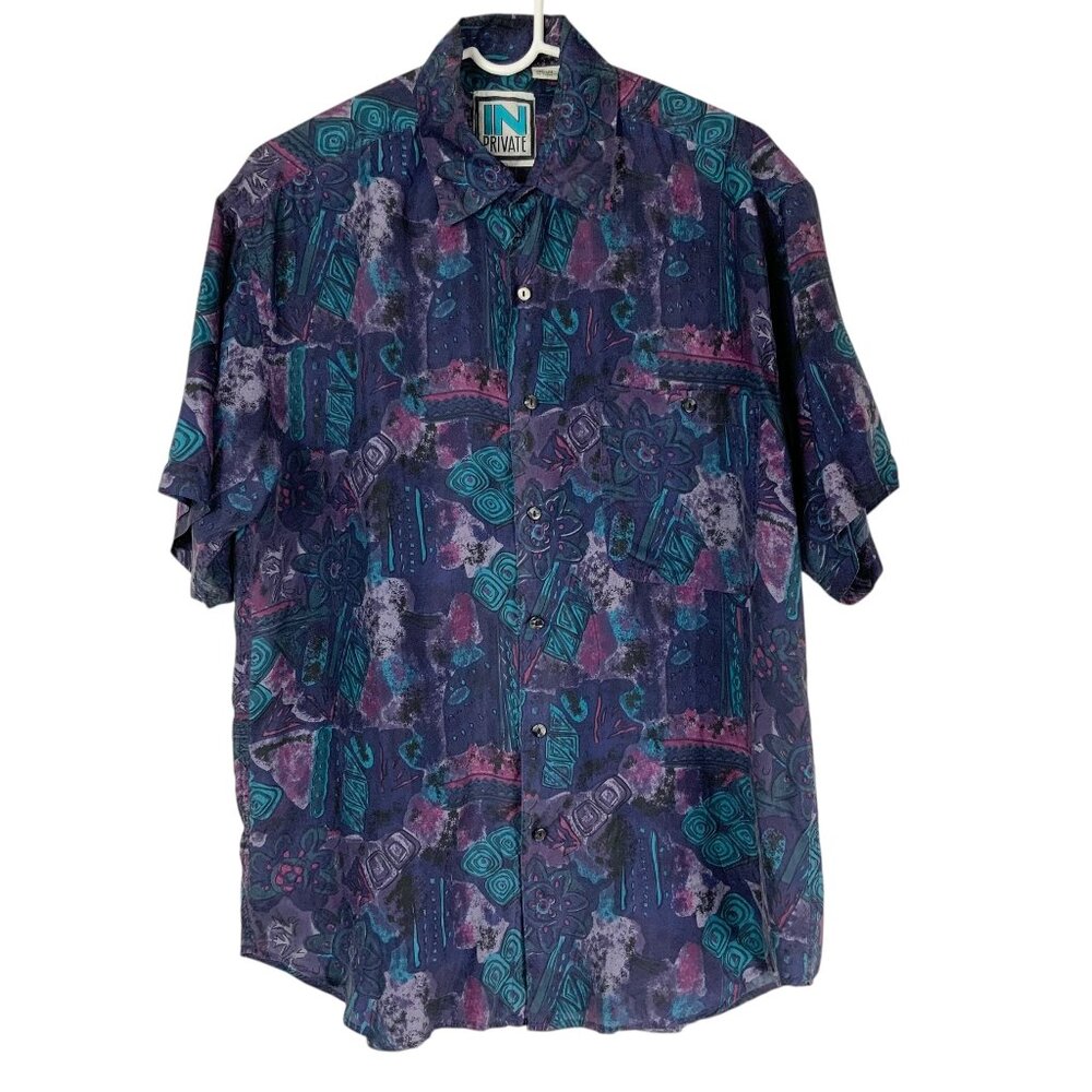 In Private Purple/Blue Geometric Print Collared Button Down Size M 100% SILK